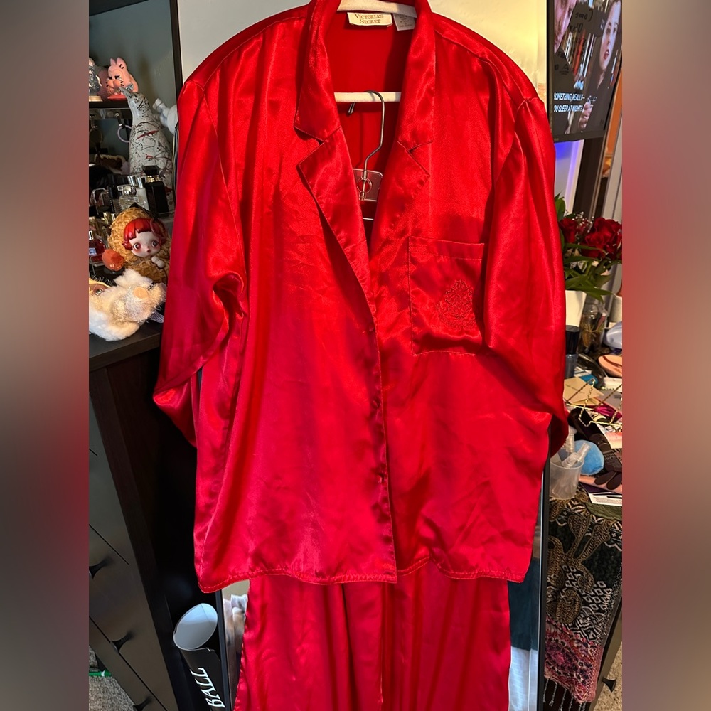 Vintage Victoria's Secret Gold Tag Vibrant Red Satin Pajama Set